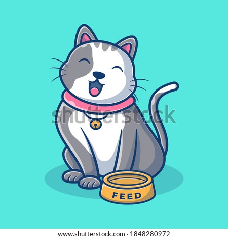 Cute cat with feed bowl vector cartoon Illustration. Animal logo and icon concept. Cat cartoon logo. Flat cartoon style.