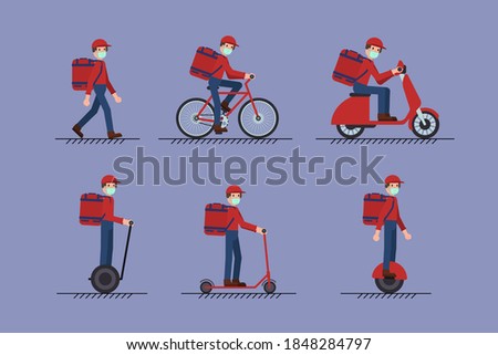 Set of Delivery Man with face mask on foot, scooter, bicycle, mono-wheel, segway. Covid-19 Coronavirus concept.