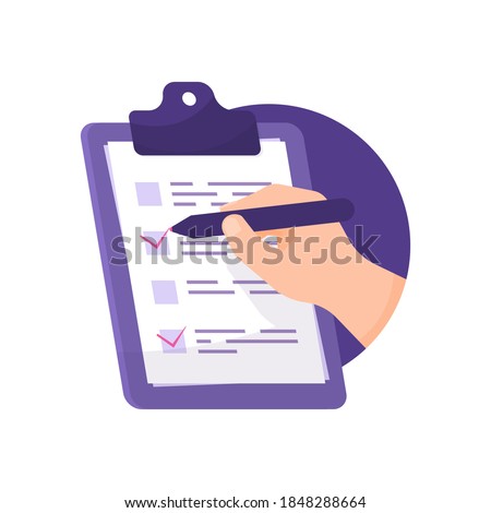 the concept of a poll, survey, election, or questionnaire. hand illustration using a pencil or pen to tick a box on the question paper attached to the board. flat style. design element and icon Royalty-Free Stock Photo #1848288664