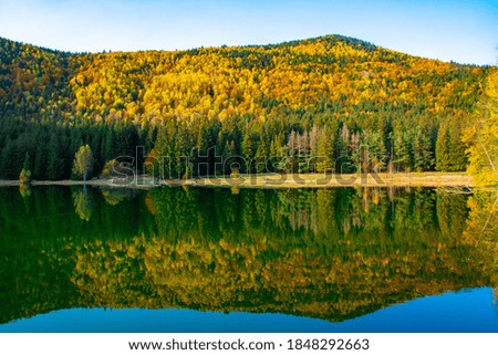 A shot of autumn scenery of Lake Saint Ann in Romania, lush colorful trees reflected in the water