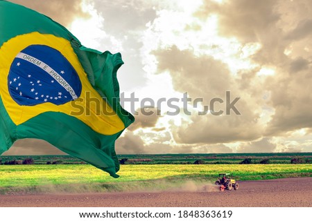 3d illustration of the flag of Brazil. Independence Day. September 7th. Symbol of the republic. Brazil's flag. Rural landscape. Agriculture field. Soy planting. The strength of the field.  Royalty-Free Stock Photo #1848363619