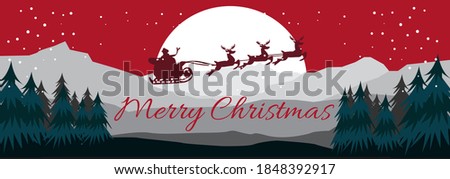 Merry Christmas. Happy New Year. Typography Design Vector Illustration With Silhouette Santa And Reindeer Landscape snow banner design background
