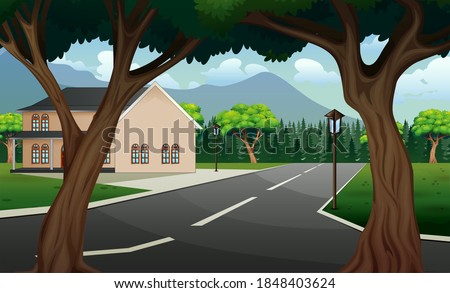 Street scene with building and nature background