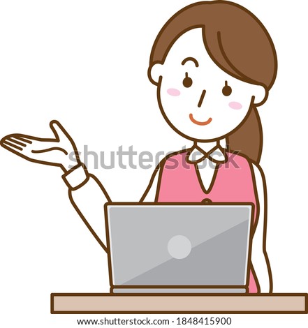 Image illustration of an office lady in a guide pose (laptop)