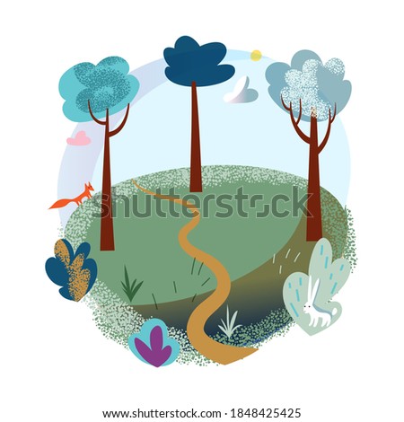 Forest with animals, road path and trees background. Orange fox, rabbit, way, bushes, sun and trees in nature. Tourist outdoor view vector illustration. Sunny beautiful day.