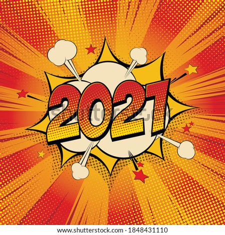 Happy New Year 2020 pop art comic background lightning blast halftone dots. Cartoon Vector Illustration on red.