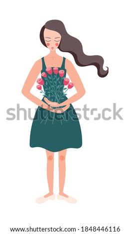 Flower girls flat composition with character of women with loose hair holding bunch of flowers vector illustration