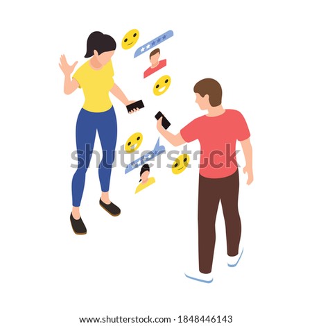 Social network addiction isometric composition with couple discovering internet profiles of each other with pictogram icons vector illustration