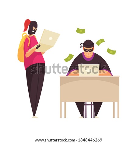 Hacker composition with couple of cyber criminal characters with laptops and money in cash vector illustration