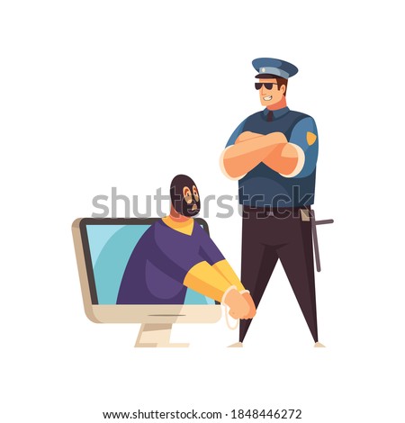 Hacker composition with human characters of police officer and arrested cyber criminal leaning out of computer display vector illustration