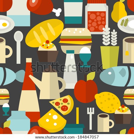 Seamless pattern with different food and drinks. Vector repeated background.