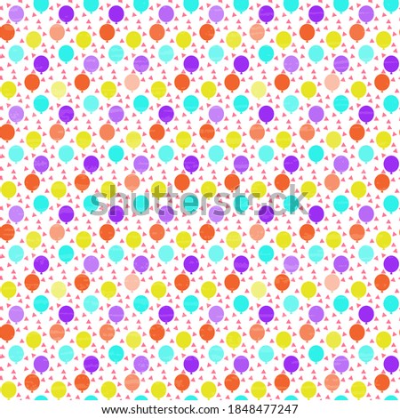 Festive design. Multicolored balloons and pink confetti are scattered around on a white textured background. Seamless vector pattern for cover and surface.