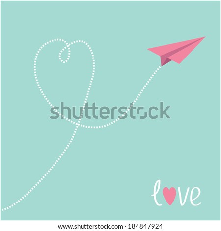 Origami pink paper plane. Dash heart in the blue  sky. Love card. Vector illustration.