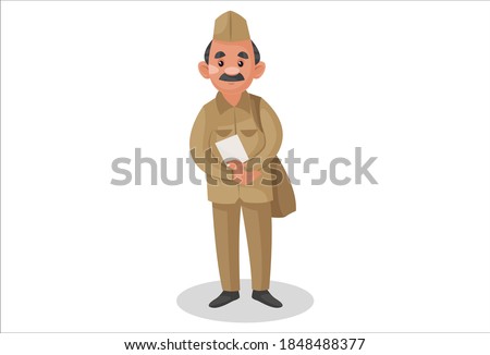 Vector graphic illustration. Postman is holding the bag on the shoulder and envelope in hand. Individually on white background. Royalty-Free Stock Photo #1848488377