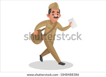 Vector graphic illustration. Postman is wearing a bag and holding envelope and going for the delivery. Individually on white background. Royalty-Free Stock Photo #1848488386