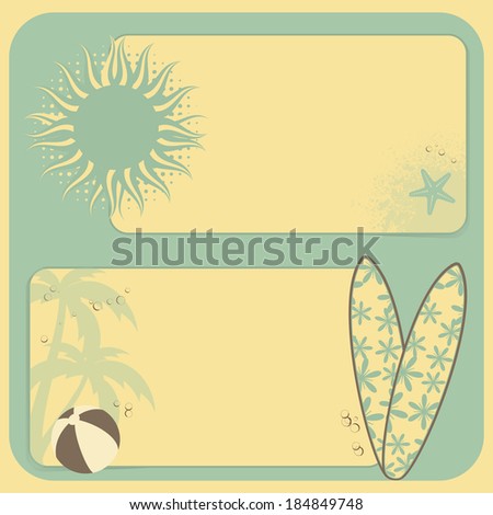Summer Border Backgrounds with Surfboards, sun, and Palm trees on Blue
