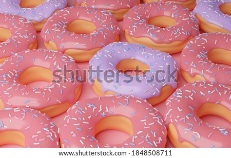 3D background with cartoon sweet donuts covered with pink, lilac, lavender glaze with sugar sprinkles on a pink background. Lots of donuts. 3D illustration, render of food, sweets, confectionery