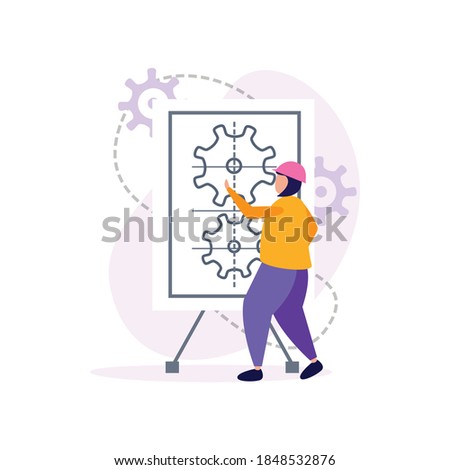 Engineering flat icons composition of drawn project with gears and human character of engineer vector illustration