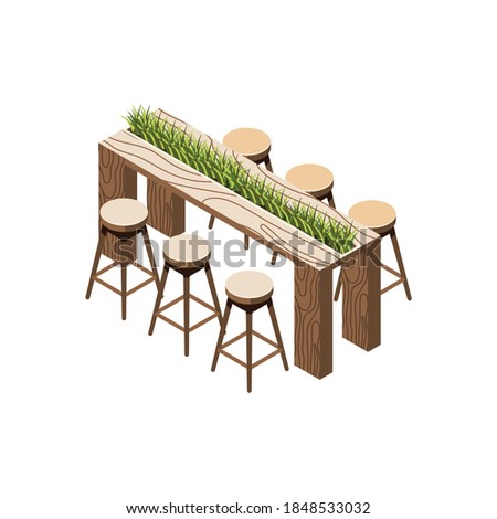 Green office isometric composition with long table with grass and wooden bar stools vector illustration