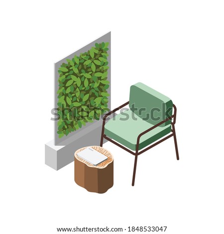 Green office isometric composition with wall of leaves and icons of chair with laptop vector illustration