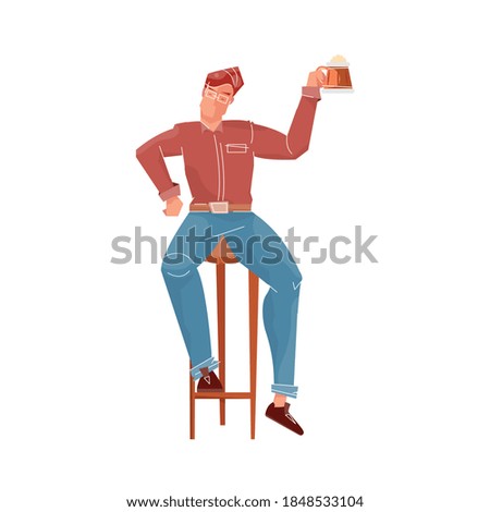 Beer bar set flat composition with isolated character of sitting male guest with beer mug vector illustration