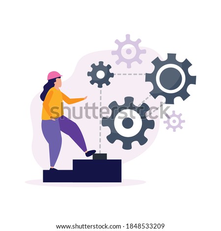 Engineering flat icons composition with female character of engineer pushing pedestal pedal button with gears vector illustration
