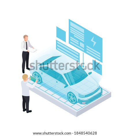 Electric vehicle production isometric composition with people looking at holographic projection of modern car with vector illustration