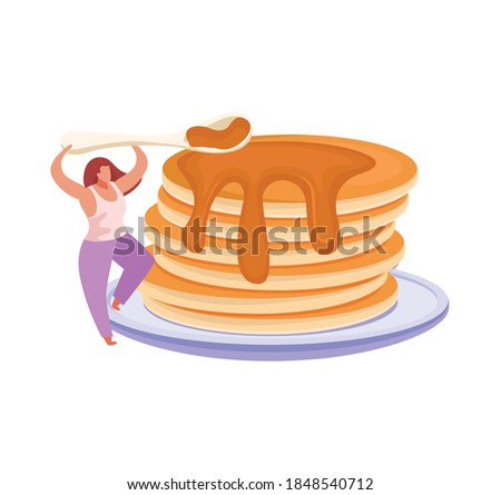 People with breakfast flat composition with woman spreading honey on stack of pancakes vector illustration