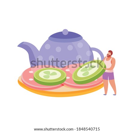 People with breakfast flat composition with man making open face sandwich with teapot icon vector illustration