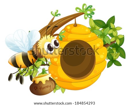 Illustration of a bee near the beehive on a white background