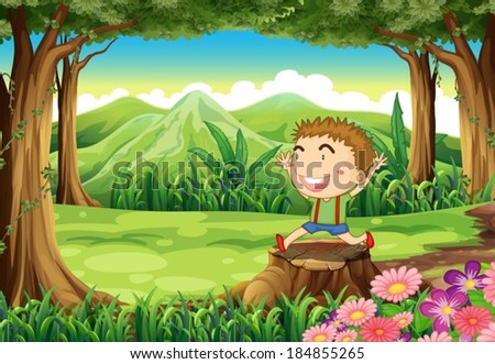 Illustration of a stump at the woods with a cute little boy