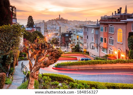 Famous Lombard Street in San Francisco at sunrise Royalty-Free Stock Photo #184856327