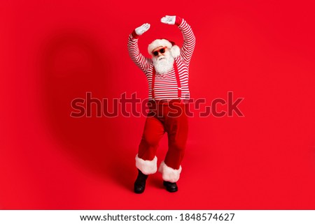 Full length body size view of his he nice handsome bearded fat overweight Santa dancing rest relax occasion event x-mas isolated bright vivid shine vibrant red color background