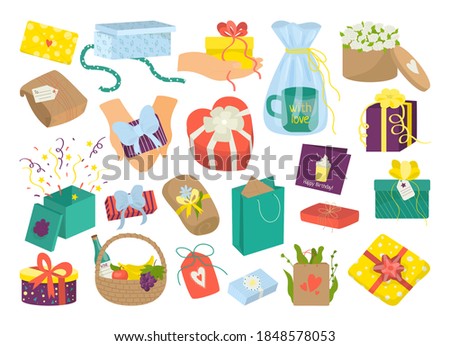 Set of colorful gift boxes with bows and ribbons isolated on white vector illustration. Presents, christmas gifts, surprise boxes with flowers. Holiday, celebration, birthday and valentines giftboxes.