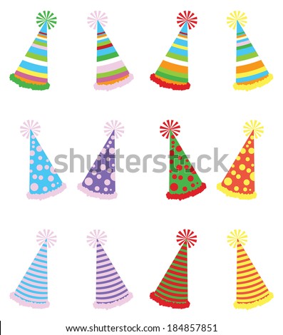 Vector illustration pack of various party hats with three different textures and four different color variations