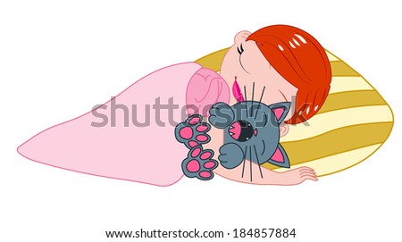 Vector illustration of a girl sleeping in bed with while hugging her cat