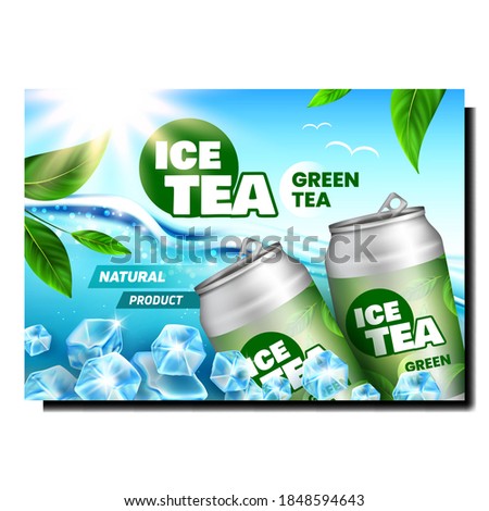 Green Tea Drink Creative Promotional Banner Vector. Tea Blank Metallic Bottles, Ice Cubes, Green Leaves Branch And Water Splash Advertising Poster. Style Color Concept Template Illustration