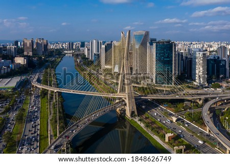Estaiada's bridge aerial view. São Paulo, Brazil. Business center. Financial Center. City landscape. Cable-stayed bridge of Sao Paulo. Downtown. City view. Aerial landscape, Royalty-Free Stock Photo #1848626749