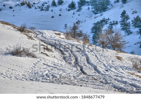 Winter Landscape with Snow and Trees Snow mountain. Panoramic view on snow-capped mountains
