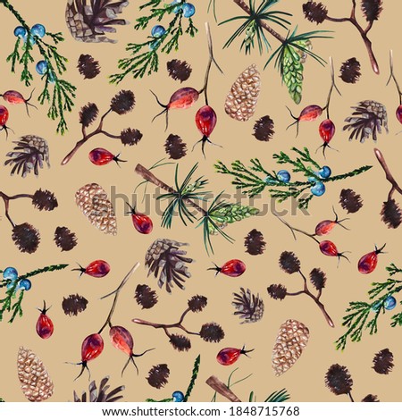 Watercolor hand painted seamless pattern with rose hip, cones and branches of pine tree,  juniper and alder on brown background. Floral pattern with atmosphere of winter forest.