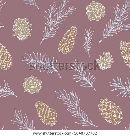 Pine cone and fir tree seamless pattern.  Botanical hand drawn vector background. Great for greeting cards, backgrounds, holiday decor. Background for Christmas and New Year design.