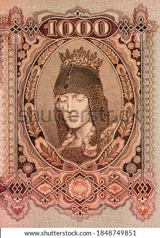 The Hungaria-head from the Statue of Liberty in Arad Gyula Benczur's painting: "Baptism of Vajk" Portrait from Hungary 1000 Pango 1943 Banknotes.