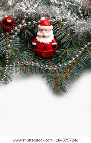 Santa Claus. Christmas background with xmas tree. Merry christmas card. Winter holiday theme. Happy New Year. Space for text. Happy Holidays 