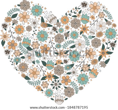 Heart filled with cute flowers in doodle style. Vector drawing.