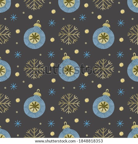 Watercolor seamless pattern with snowflake and Christmas ball. Background for new year, merry christmas.
