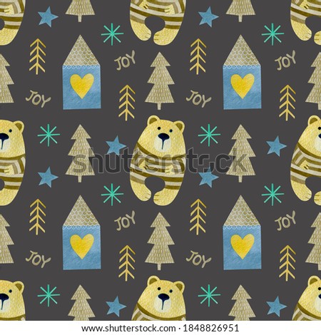 Watercolor seamless pattern with bear, house, fir tree. Background for new year, merry christmas.