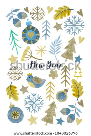 Watercolor greeting card Happy New Year, Merry Christmas.