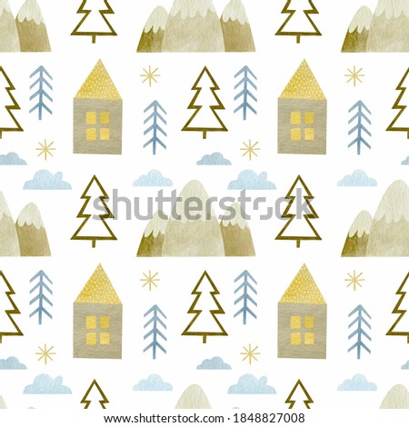 Watercolor seamless pattern with a Christmas tree house, mountains. Background for new year, merry christmas.