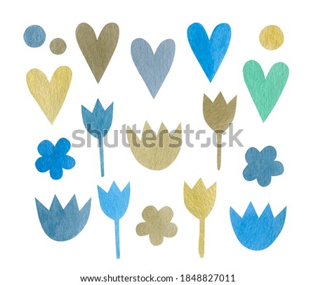 Set of watercolor elements of flowers, hearts, isolated on white background.