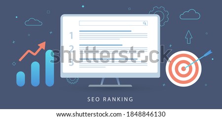 SEO Ranking, Search Engine Results Pages (SERPs) concept. Marketing seo ranking Analysis Tool, Keyword research and search ranking audit report flat vector banner illustration with icons. Royalty-Free Stock Photo #1848846130
